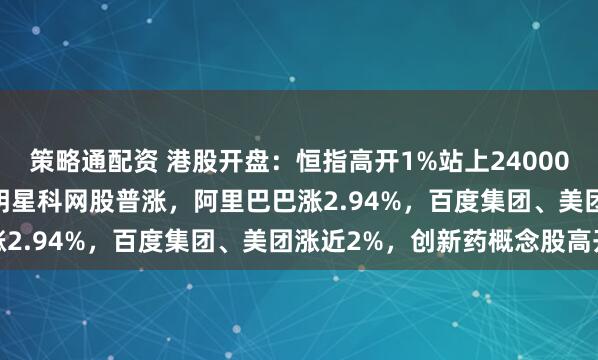 策略通配资 港股开盘：恒指高开1%站上24000点，科指涨1.02% ，明星科网股普涨，阿里巴巴涨2.94%，百度集团、美团涨近2%，创新药概念股高开